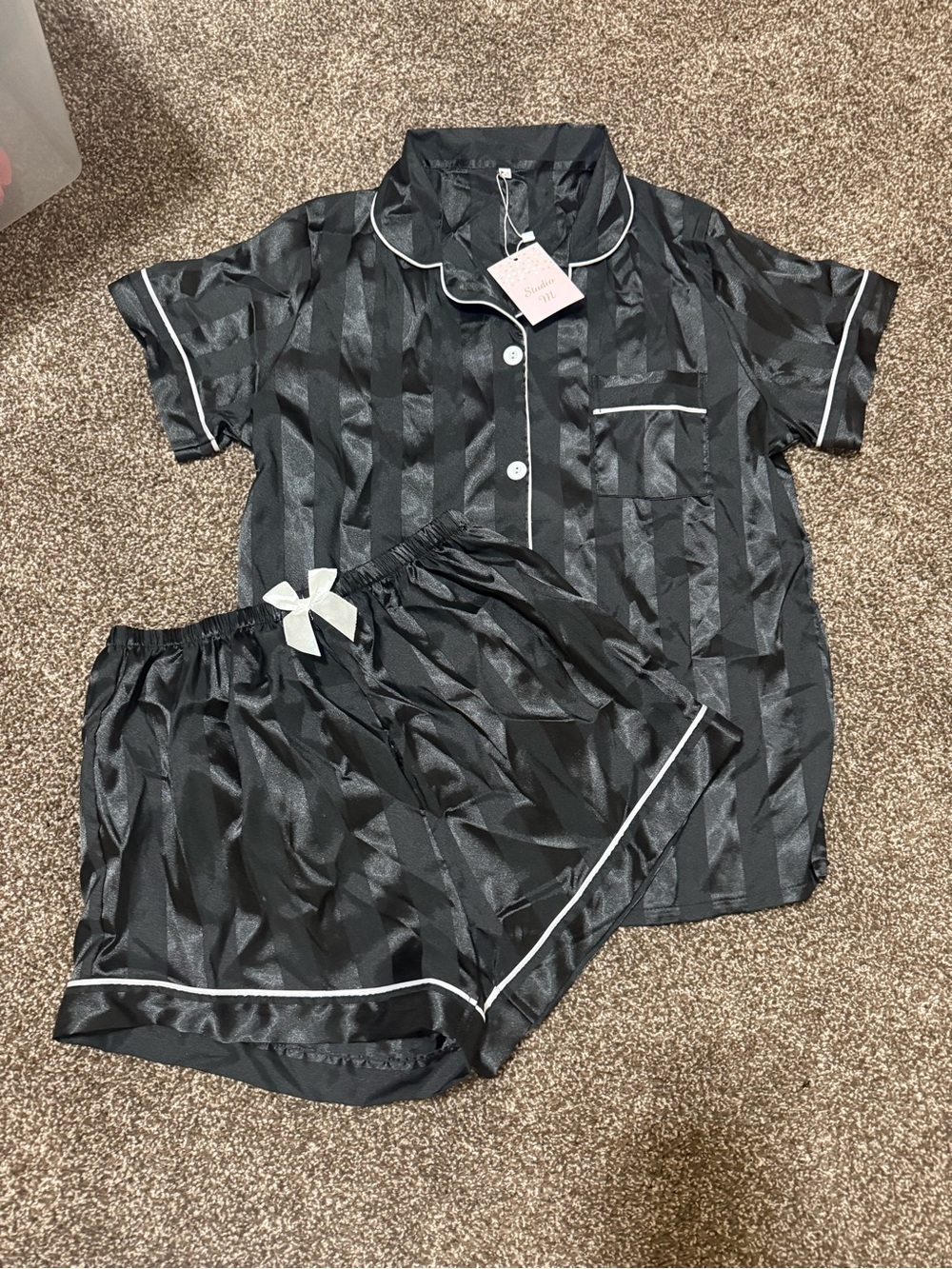 Studio Black Satin Short Pajama Set with White Trim and Bow
